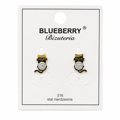 Pozłacane kolczyki Blueberry ze stali chirurgicznej 316L z motywem kota i cyrkoniami