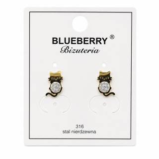 Pozłacane kolczyki Blueberry ze stali chirurgicznej 316L z motywem kota i cyrkoniami