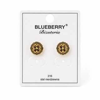 Pozłacane kolczyki Blueberry ze stali chirurgicznej 316L z motywem koniczyny i kamieniami