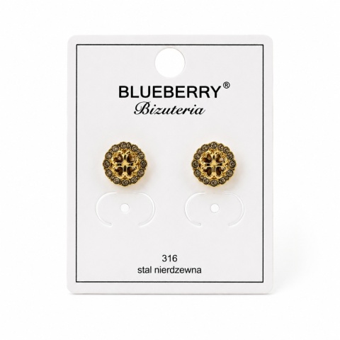 Pozłacane kolczyki Blueberry ze stali chirurgicznej 316L z motywem koniczyny i kamieniami