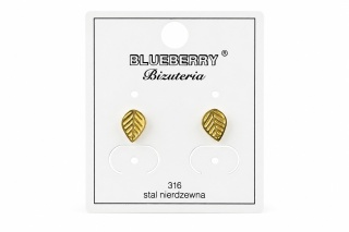 Pozłacane kolczyki Blueberry ze stali chirurgicznej 316L z motywem liścia